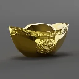 Detailed Blender 3D model of a shiny gold ingot with intricate patterns, suitable for game asset design.