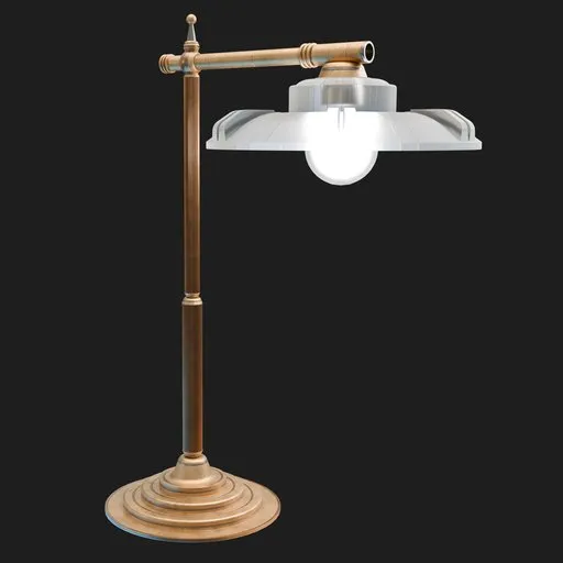 Elegant 3D-rendered brass table lamp with frosted glass shade, blending vintage and modern design, perfect for interior rendering in Blender.