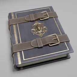 Highly detailed Blender 3D model of an antique book with ornate gold lion emblem and leather straps.