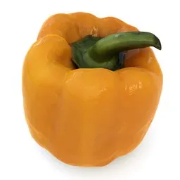 Realistic 3D digital model of a shiny orange bell pepper with a green stem, suitable for Blender rendering and animation.