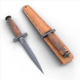 Detailed 3D representation of a vintage military stiletto knife with sheath, ideal for Blender projects.