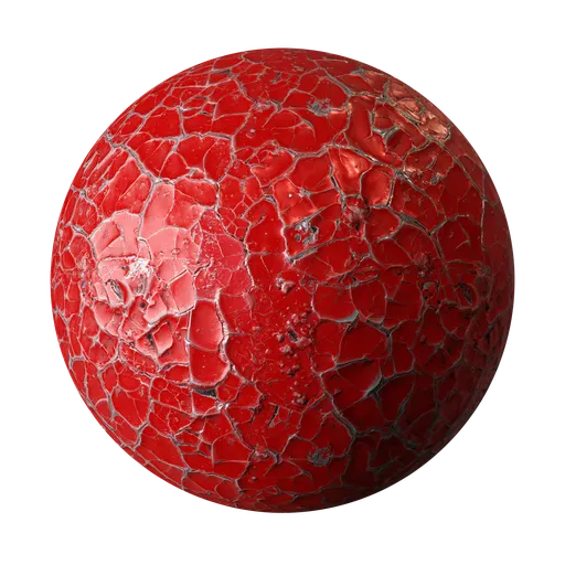 Highly detailed PBR texture of aged red metal with weathered paint cracks, realistic for 3D models in Blender and other 3D applications.
