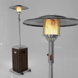 Detailed 3D Blender model of patio gas heater with cylinder and realistic flame, perfect for outdoor scenes.