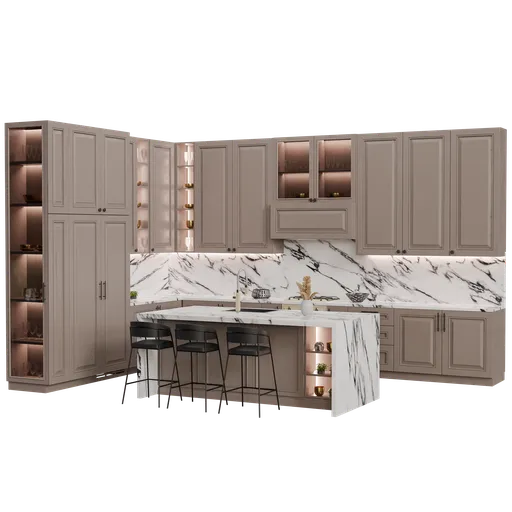 Highly detailed 3D model of a neoclassical style kitchen set with marble counters and elegant cabinetry, compatible with Blender Cycles.