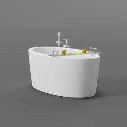 "White marble bathtub with steel taps and candles, 3D model for Blender 3D. Large, medium, and small elements with water reservoir. Industrial design with a centered layout created by Hugo Heyrman."