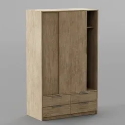 Detailed wooden 3D shelving unit with drawers designed in Blender, ideal for interior design visualization.