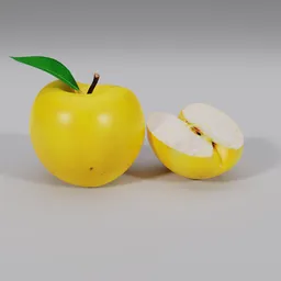 "Handmade high-poly Opal apple set with leaf in Blender 3D, inspired by Munakata Shikō. Detailed and well-rendered fruit and vegetable 3D model, featuring a yellow apple and half of an apple for photogrammetry and video game assets."