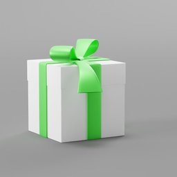 "3D model of a white gift box with green ribbon for Blender 3D. Perfect for Christmas scenes and birthdays. Each duplicate features a random colored box."