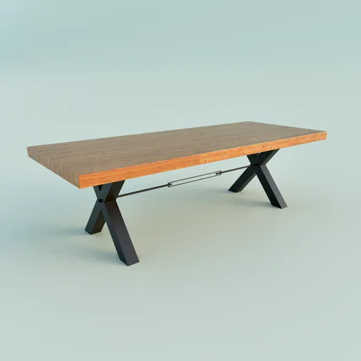 3D model of an industrial-style wooden desk with steel legs optimized for Blender rendering.