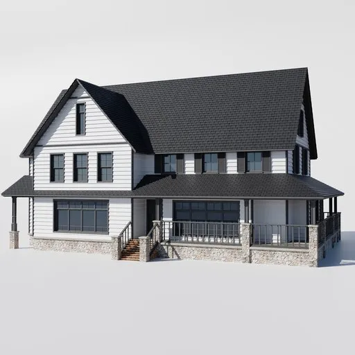 Detailed 3D model of a classic two-story house with porch for Blender modeling and rendering.