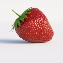 "3D render of a single strawberry with a green stem on a white surface, created in Blender 3D. The strawberry is vibrant with a scarlet background and a realistic red energy sphere. Perfect for fruit and vegetable design projects."