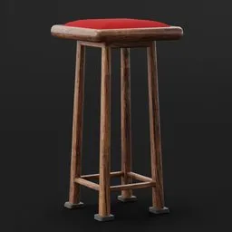 High-quality 3D stool model with red cushion for Blender rendering, showcasing detailed wood texture.