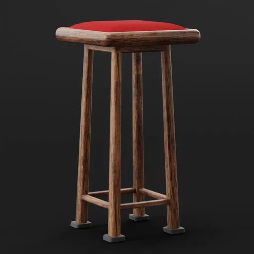 High-quality 3D stool model with red cushion for Blender rendering, showcasing detailed wood texture.