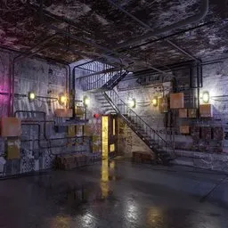 Highly detailed Blender 3D model of a gritty, atmospheric indoor facility with worn walls, stairway, and ambient lighting.