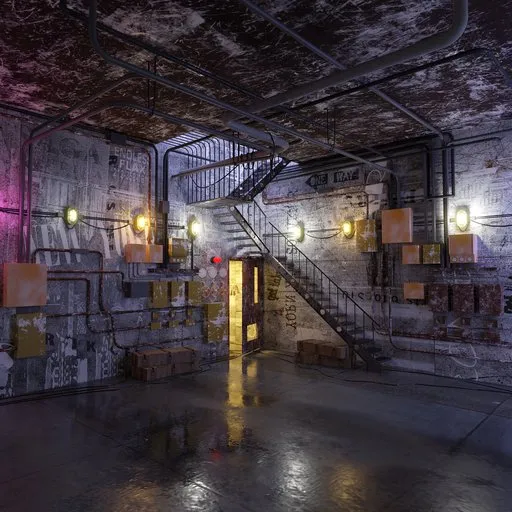 Highly detailed Blender 3D model of a gritty, atmospheric indoor facility with worn walls, stairway, and ambient lighting.