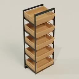 Realistic wooden 5-tier rack shelving 3D model with metal frame for Blender rendering.