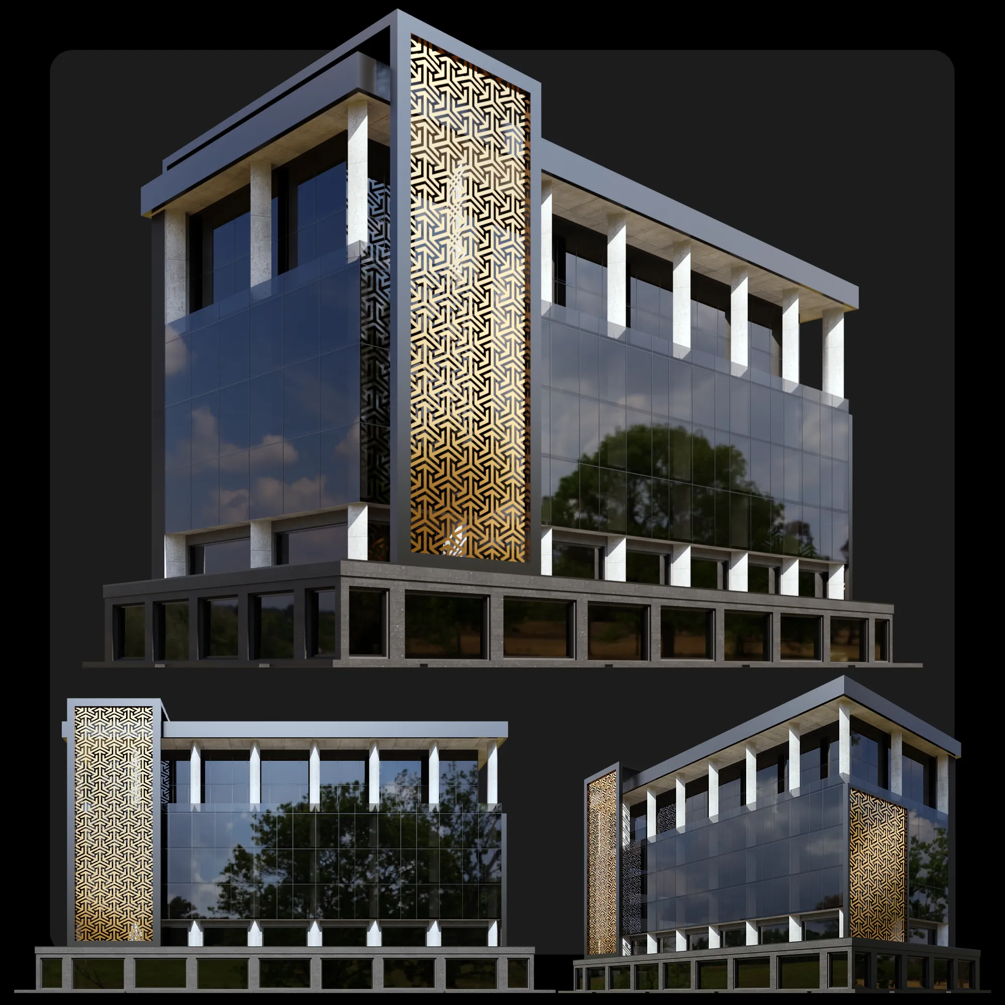 Modern Glass Building With Gold Geoform - Blender Market