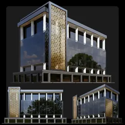 Modern and sleek 3D model of a glass building with reflective windows and a distinctive gold geometric pattern.