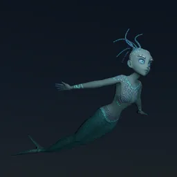 "3D Model of a female, anime-style mermaid with blue hair and body, standing in a slend posture. Untextured with iridescent membranes and stylized features, suitable for Blender 3D. Includes color, roughness, and normal maps for enhanced realism."