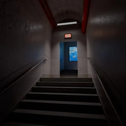 3D modeled dimly lit underground stairwell leading to an exit sign, suitable for Blender creative projects.