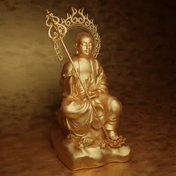 "DiZangPuSa, a high-detail gold sculpture of a Chinese Buddhist monk in a silver garment, holding a wooden staff and surrounded by burning fires. Ideal for indoor worship, and available as a 3D model for Blender 3D."