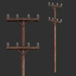 Detailed 3D model of a wooden utility pole with insulators, suitable for Blender rendering and game assets.