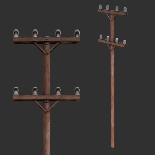 Detailed 3D model of a wooden utility pole with insulators, suitable for Blender rendering and game assets.