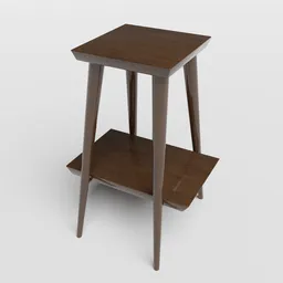 "Mid-century modern wooden bedside table with a shelf, inspired by Howard Butterworth, rendered realistically in Blender 3D. The angular and asymmetrical design features a brown and cream color scheme, standing on two feet. Perfect for adding a touch of vintage charm to any bedroom."
