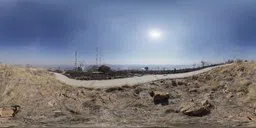 360-degree panoramic HDR image featuring sunlit scorched landscape for realistic lighting in 3D scenes.