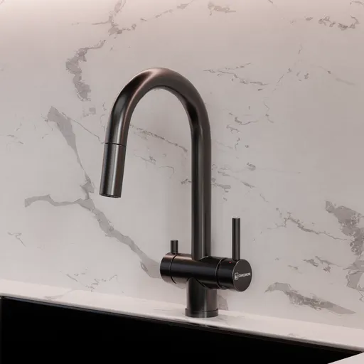 Highly detailed Blender 3D cycles render of a modern faucet, available in blend format with centimeter precision.