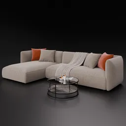 3D rendered sectional sofa with fabric texture and minimalistic coffee table designed for Blender visualization.