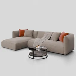 3D rendered sectional sofa with fabric texture and minimalistic coffee table designed for Blender visualization.