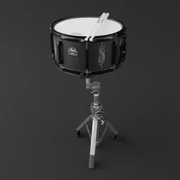 Detailed 3D model of a snare drum with stand and drumsticks, compatible with Blender for realistic rendering.