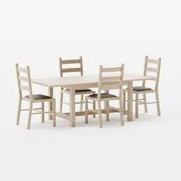 "Natural wooden dining table and chair set in light oak with dark leather cushioning - 3D model for Blender 3D. Realistic and detailed design perfect for any dining room scene."