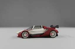 Highly detailed red and white Blender 3D model of a futuristic supercar with sleek aerodynamics and sporty rims.