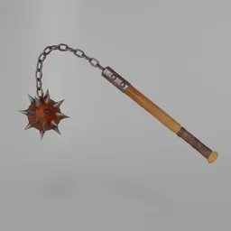 Detailed 3D rendering of a heavy morning star weapon designed in Blender, showcasing iron spikes and a realistic wooden handle.