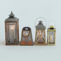 "Table lamp collection featuring a laser-cut textured lantern in three different colors, available in Blender 3D. The lantern has an Egyptian style design and creates a warm ambiance with its single gas lamp. Perfect for product shots and miniature model scenes."