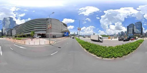 Urban HDR imagery featuring dynamic road and sea with clear skies for realistic lighting in 3D rendering.