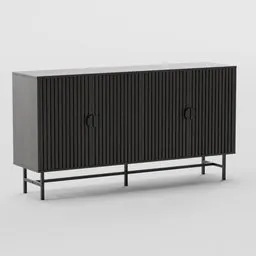 Detailed 3D model of a modern grooved wood dresser with steel accents from the Bazalt collection, available in multiple wood colors.