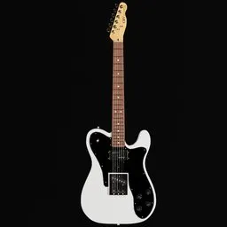 "CRV Telecaster Custom 3D model - a white electric guitar on a black background with vintage-style hardware and sleek curves. Perfect for guitar enthusiasts and collectors. Created with Blender 3D software."