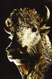Detailed bovine head 3D model with textured fur, horns, and serene expression for Blender rendering.