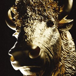 "3D scan of a bull head decoration with golden accents, inspired by Giuseppe Bernardino Bison and featured on GQ cover. Ideal for sculpture enthusiasts and interior designers. Created using Blender 3D software."