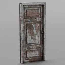 Textured 3D model of a vintage wooden door with rusty metal detailing, compatible with Blender.