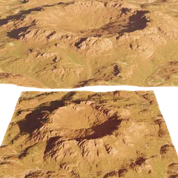 High-resolution 3D textured terrain model suitable for Blender, showcasing detailed dry hills and crater features.