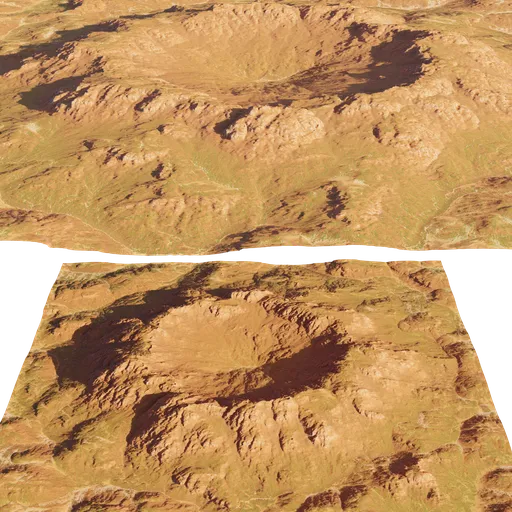 High-resolution 3D textured terrain model suitable for Blender, showcasing detailed dry hills and crater features.