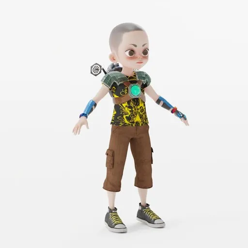 Animated stylized child 3D model for Blender, rigged with expressive shape keys, ready for animation.
