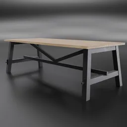 3D model of modern industrial-style dining table with a wood top and black metal frame for Blender 3D projects.