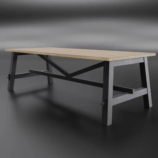 3D model of modern industrial-style dining table with a wood top and black metal frame for Blender 3D projects.