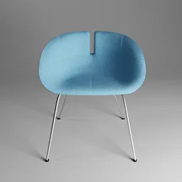 "Scandinavian inspired regular chair 3D model for Blender 3D. Pale cyan and grey fabric with plush leather pad, metal frame and rounded shapes. Designed by Patricia Urquiola as part of a collection for home and public spaces."