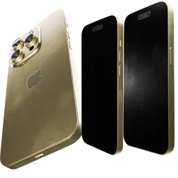 Detailed gold smartphone 3D model, procedural materials, compatible with Eevee and Cycles rendering.
